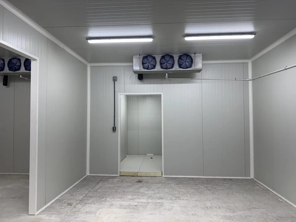 Chambre froide positive : porte isolée, évaporateur et régulation de température en place