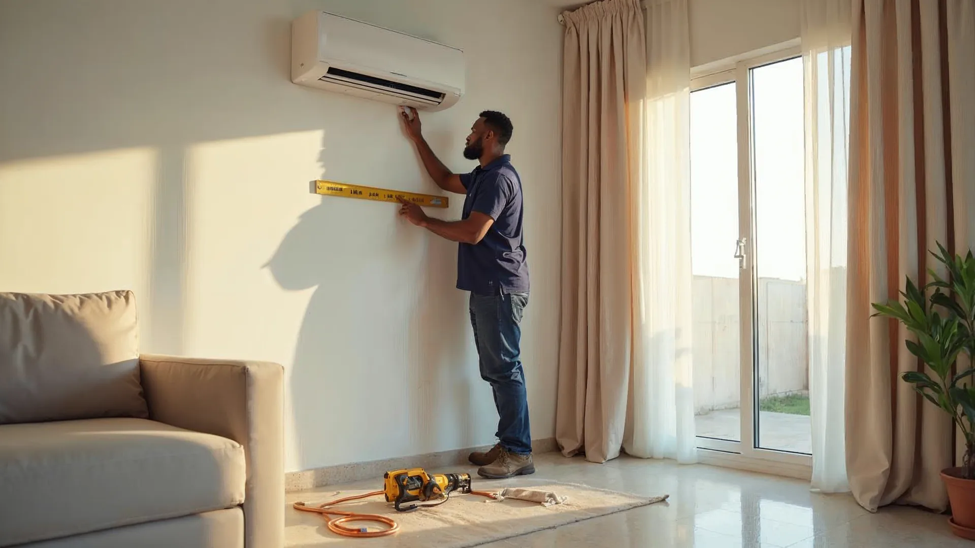 Illustration — Technicien Climsen installant un climatiseur split mural dans un salon de Dakar baigné de lumière