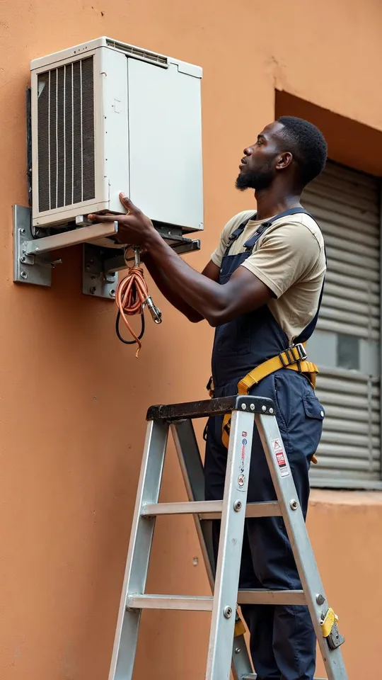 Illustration — Technicien Climsen sur échelle devant une unité extérieure de climatiseur sur une façade dakaroise